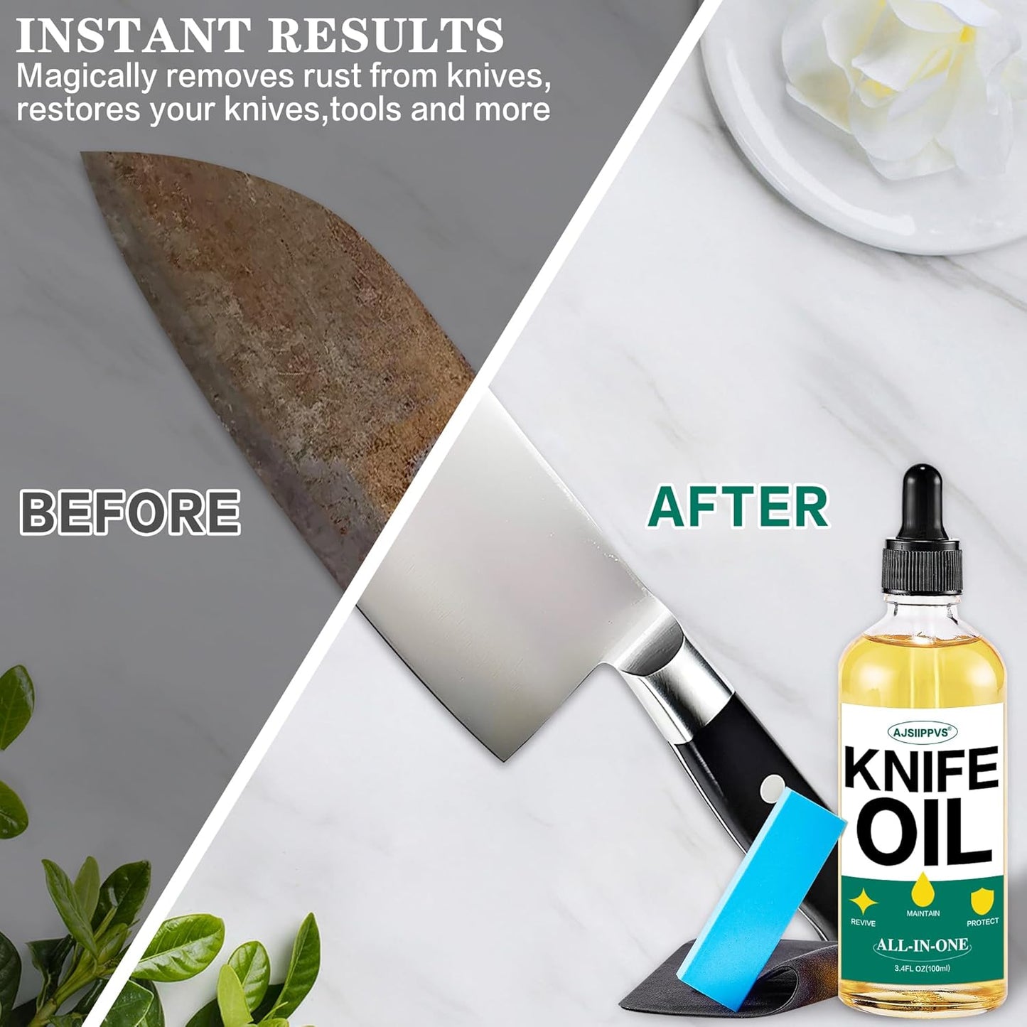 Knife Blade Oil Rust Eraser Kit,6 PCS Include Knife Sharpener,Refillable Spray Bottle for Preventing Rust,Maintenance Oil (3.4 oz) for Carbon Steel,Cleaning,Protection and Lubricant Care Set