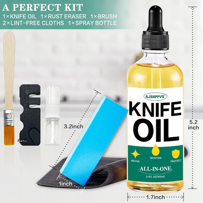 Knife Blade Oil Rust Eraser Kit,6 PCS Include Knife Sharpener,Refillable Spray Bottle for Preventing Rust,Maintenance Oil (3.4 oz) for Carbon Steel,Cleaning,Protection and Lubricant Care Set