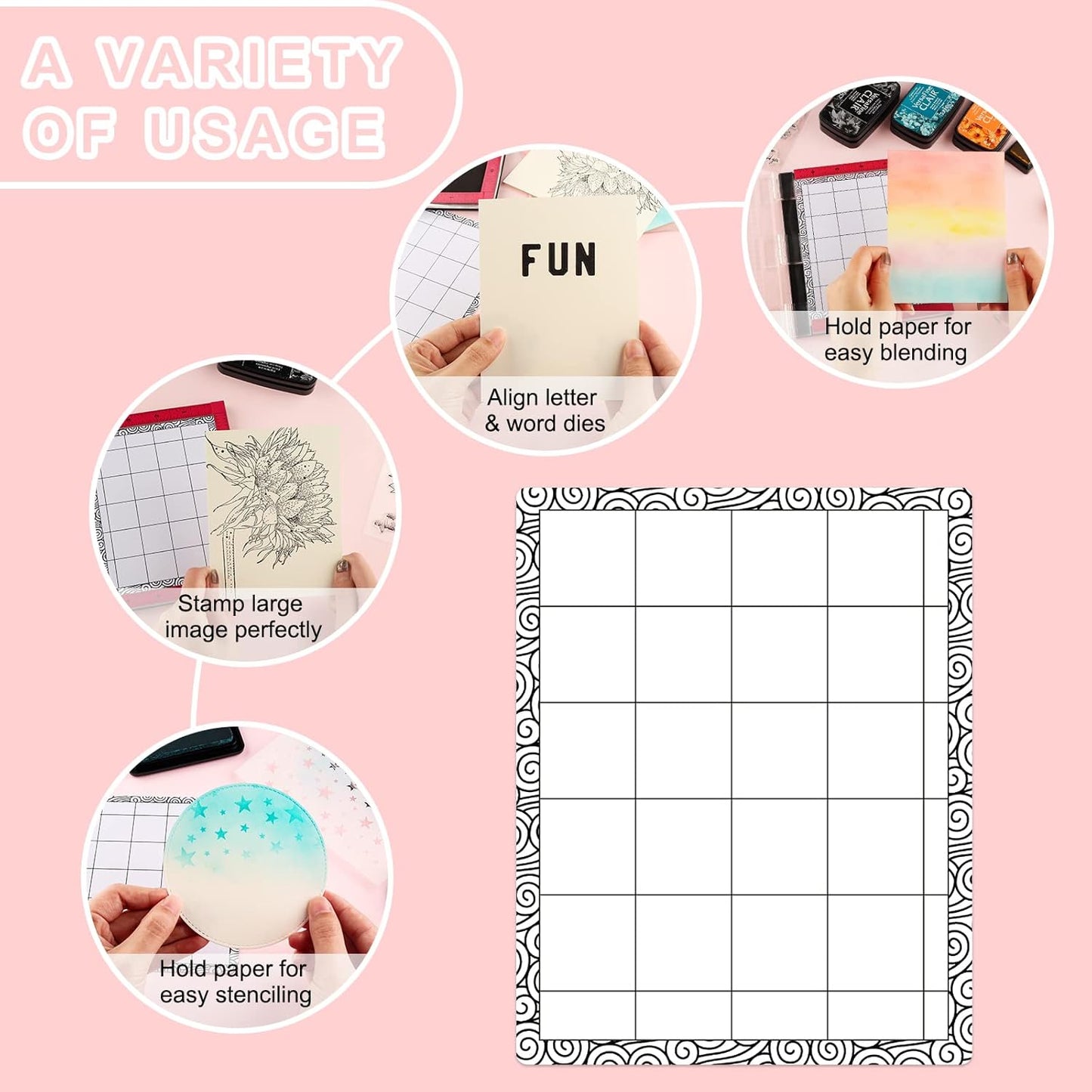 4 PCS Sticky Non-Slip Flexible Gridded Stamp Mats Grid Sheets Low Stick Mat Multi-Use Low Tack Mat,Stick and Stamp Adhesived Sheet Scrapbooking Craft Accessory