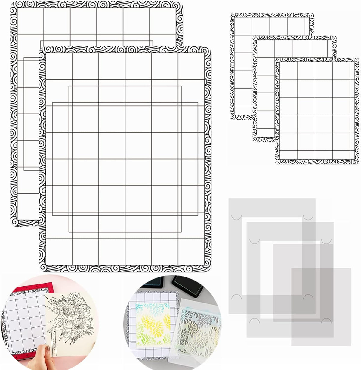 4 PCS Sticky Non-Slip Flexible Gridded Stamp Mats Grid Sheets Low Stick Mat Multi-Use Low Tack Mat,Stick and Stamp Adhesived Sheet Scrapbooking Craft Accessory