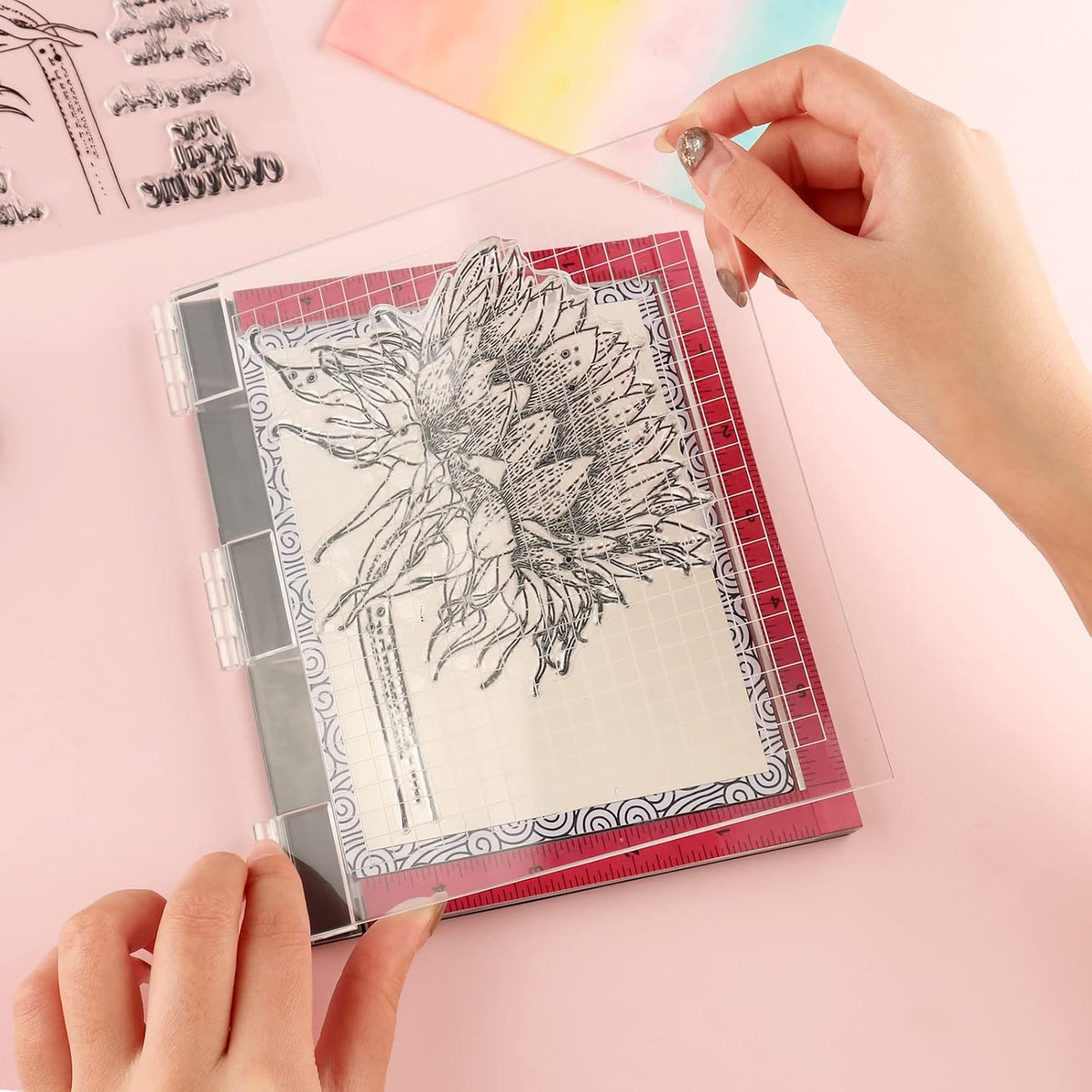 4 PCS Sticky Non-Slip Flexible Gridded Stamp Mats Grid Sheets Low Stick Mat Multi-Use Low Tack Mat,Stick and Stamp Adhesived Sheet Scrapbooking Craft Accessory