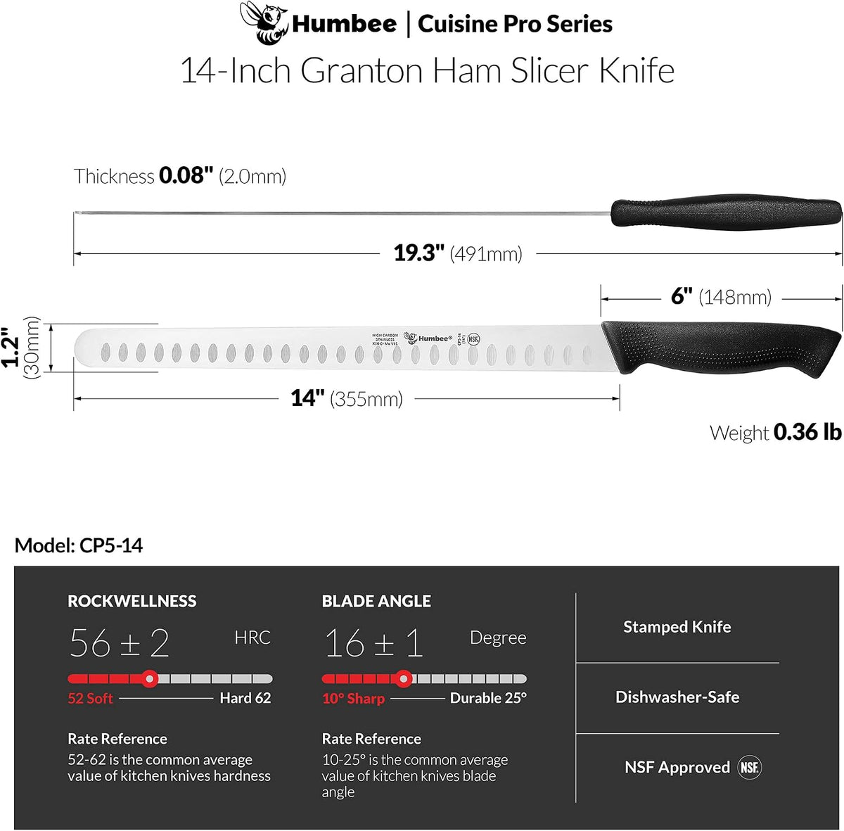 Carving Knife 14-Inch with Razor Sharp Granton Edge for Turkey, Ham, Meat Slicing and Cutting – NSF Certified, German Stainless Steel Blade, Black