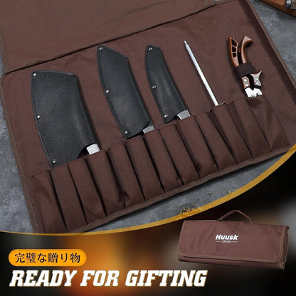 Huusk Chef Knife Set 5 PCS with Roll Bag, Gifts for Men and Women | Hand Forged High Carbon Steel Butcher Knife Set with Poultry Shears & Sharpening Rod, Cooking Knives for Grill BBQ Camping