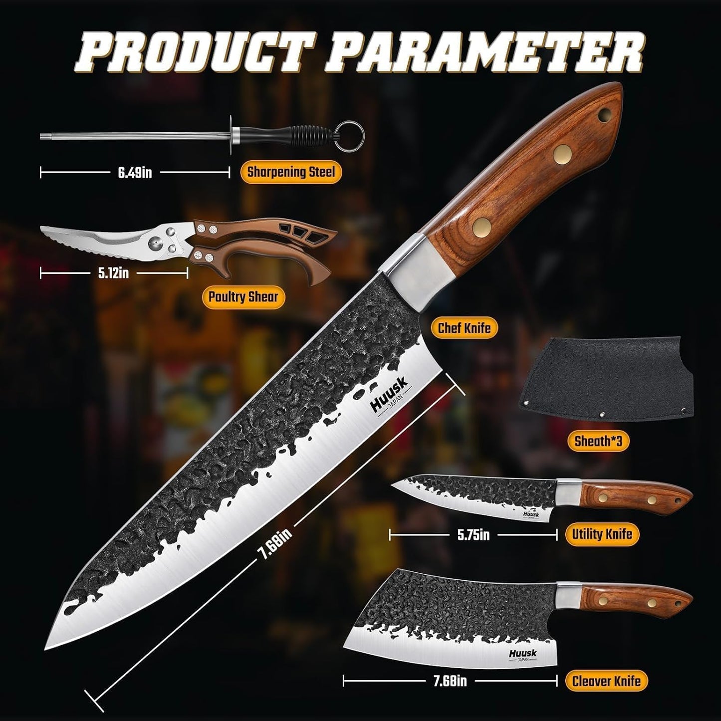 Huusk Chef Knife Set 5 PCS with Roll Bag, Gifts for Men and Women | Hand Forged High Carbon Steel Butcher Knife Set with Poultry Shears & Sharpening Rod, Cooking Knives for Grill BBQ Camping