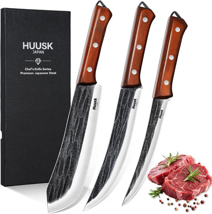 Huusk Chef Knife Set 5 PCS with Roll Bag, Gifts for Men and Women | Hand Forged High Carbon Steel Butcher Knife Set with Poultry Shears & Sharpening Rod, Cooking Knives for Grill BBQ Camping