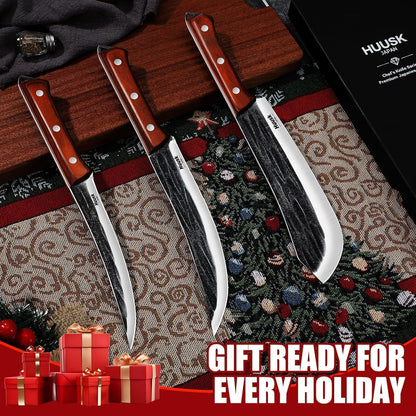 Huusk Chef Knife Set 5 PCS with Roll Bag, Gifts for Men and Women | Hand Forged High Carbon Steel Butcher Knife Set with Poultry Shears & Sharpening Rod, Cooking Knives for Grill BBQ Camping