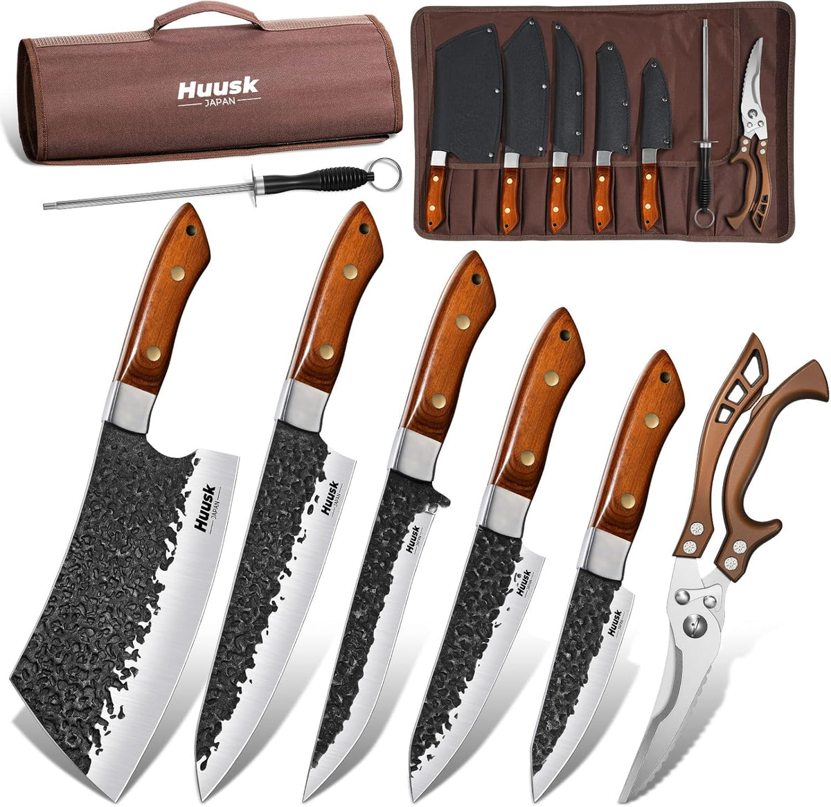 Huusk Chef Knife Set 5 PCS with Roll Bag, Gifts for Men and Women | Hand Forged High Carbon Steel Butcher Knife Set with Poultry Shears & Sharpening Rod, Cooking Knives for Grill BBQ Camping