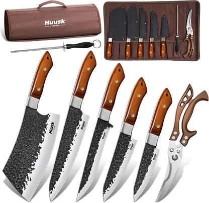 Huusk Chef Knife Set 5 PCS with Roll Bag, Gifts for Men and Women | Hand Forged High Carbon Steel Butcher Knife Set with Poultry Shears & Sharpening Rod, Cooking Knives for Grill BBQ Camping