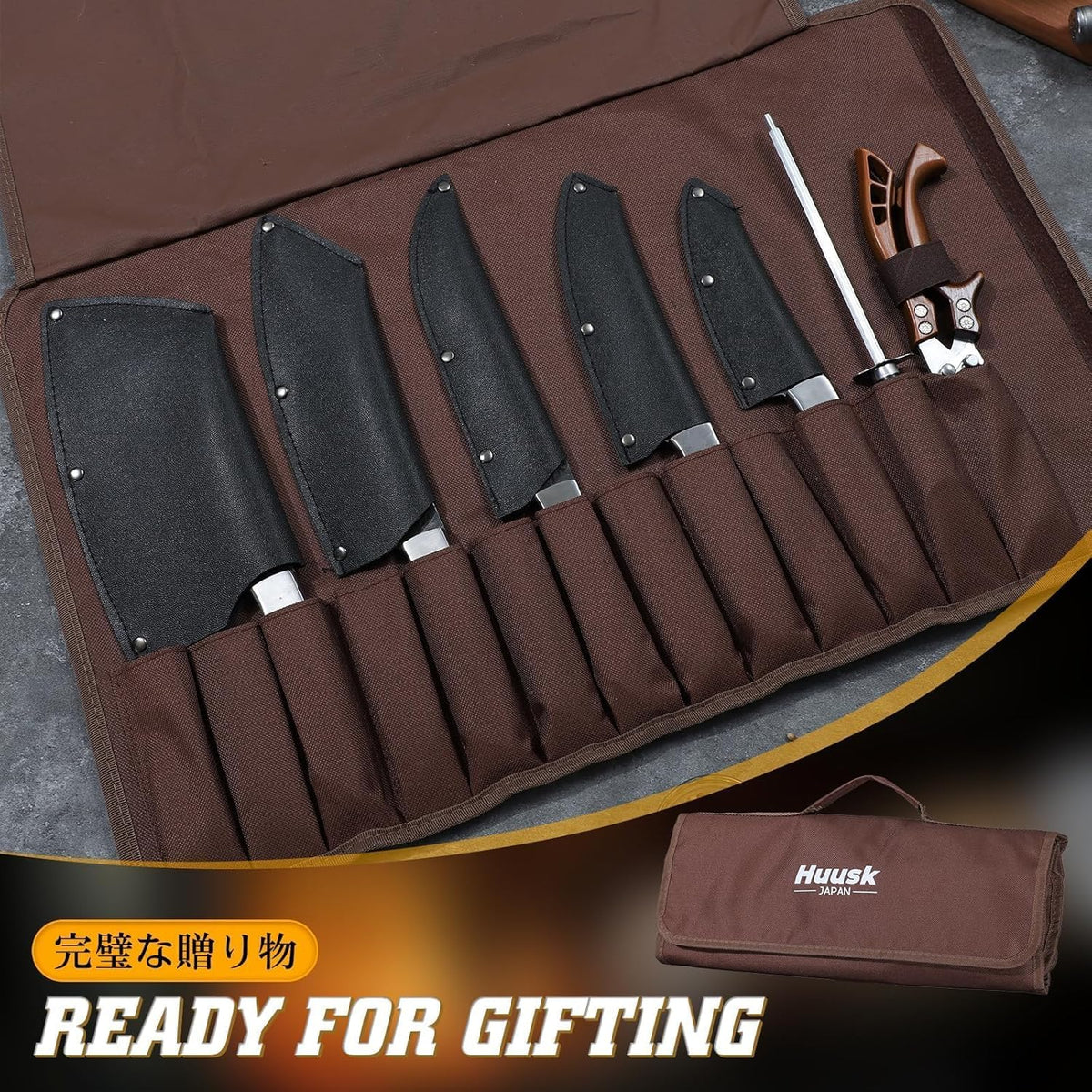 Huusk Chef Knife Set 5 PCS with Roll Bag, Gifts for Men and Women | Hand Forged High Carbon Steel Butcher Knife Set with Poultry Shears & Sharpening Rod, Cooking Knives for Grill BBQ Camping