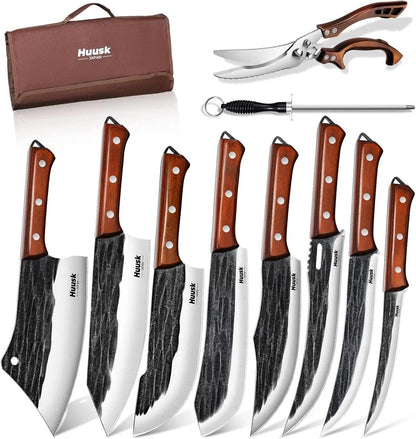 Huusk Chef Knife Set 5 PCS with Roll Bag, Gifts for Men and Women | Hand Forged High Carbon Steel Butcher Knife Set with Poultry Shears & Sharpening Rod, Cooking Knives for Grill BBQ Camping