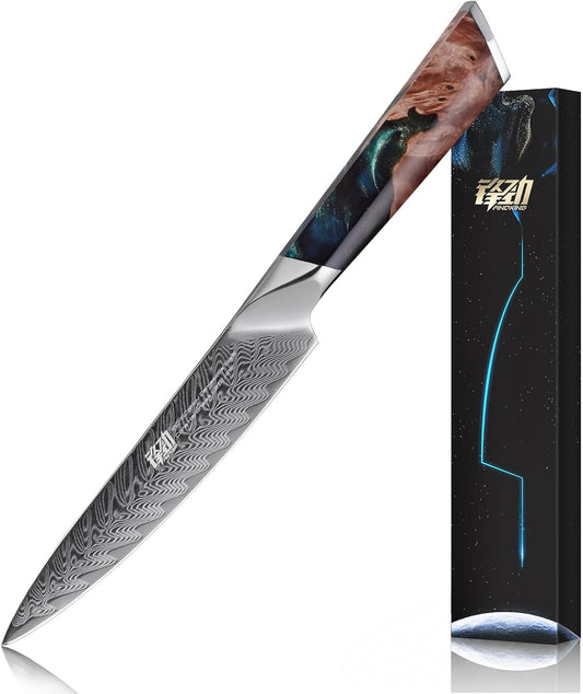 Nebula Series Kitchen Utility Knife with ABS Sheath, Versatile Small Petty Knife, 10Cr15CoMov Damascus Blade, Resin and Figured Sycamore Handle, Full Tang, 5 Inch, Blue, for Fruit, Steak