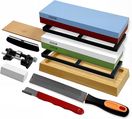 10PCS Knife Sharpening Stone Set,Dual-Sided (400/1000 & 3000/8000 Grit) with Red Sharpener, Metal File, Flattening Stone, Bamboo Base,Angle Guide,Honing Guide,Silicone Base,Leather Strop