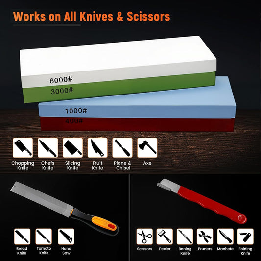 10PCS Knife Sharpening Stone Set,Dual-Sided (400/1000 & 3000/8000 Grit) with Red Sharpener, Metal File, Flattening Stone, Bamboo Base,Angle Guide,Honing Guide,Silicone Base,Leather Strop