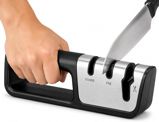 Premium 3-in-1 Knife and Scissors Sharpener, Professional Manual Kitchen Blade Sharpening Tool with Tungsten Ceramic Diamond Abrasives, Ergonomic Handle, Black