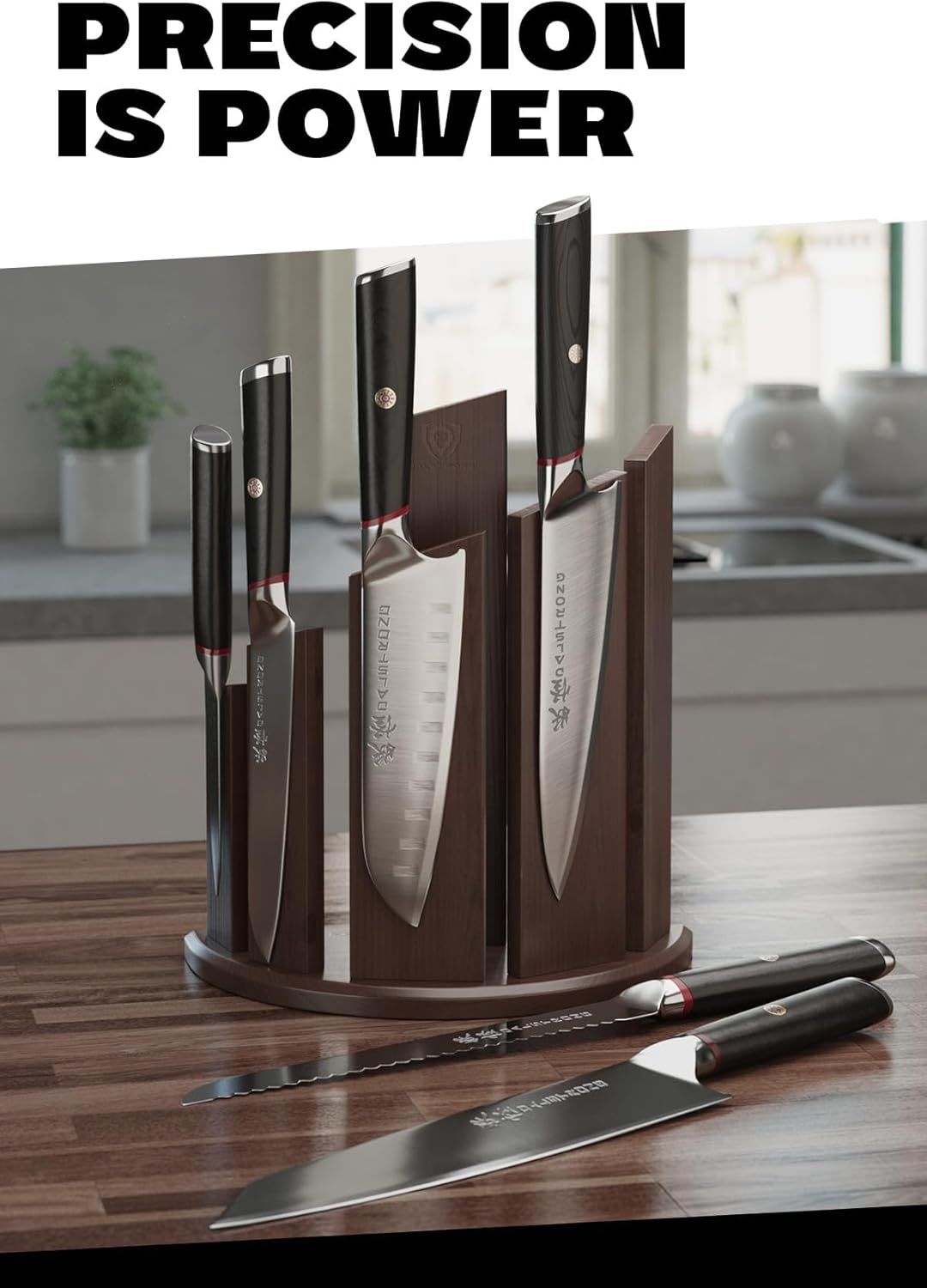 Knife Block Set -6pc- Magnetic Knife Stand-Phantom Series-Japanese High-Carbon AUS8 Steel-Knife Kitchen Set-Pakkawood Handle-Men's Valentines Gift