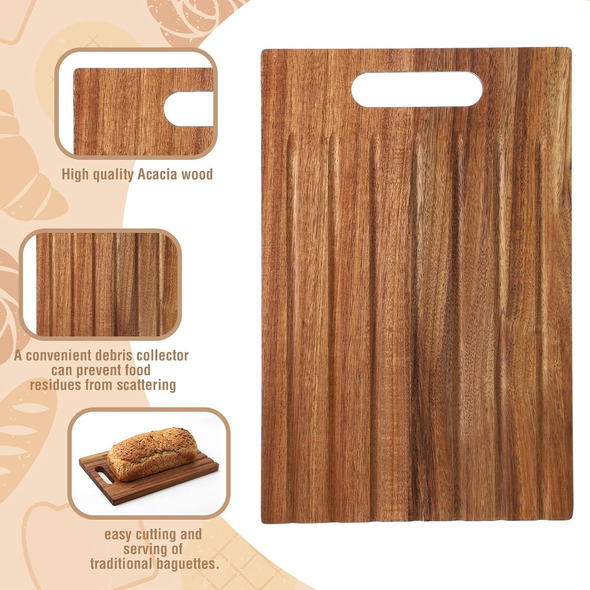1 Pcs Double Side Wood Bread Cutting Board with Debris Collection 15 x 9.75 x 0.75 Inches Bread Slicer Board Sweep off Baguette Boards for Kitchen Sourdough Homemade Loaves Everyday Meals