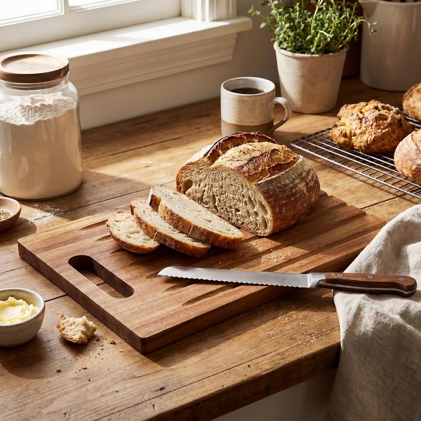 1 Pcs Double Side Wood Bread Cutting Board with Debris Collection 15 x 9.75 x 0.75 Inches Bread Slicer Board Sweep off Baguette Boards for Kitchen Sourdough Homemade Loaves Everyday Meals