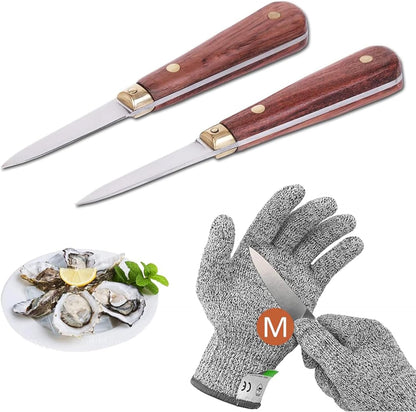 Oyster Shucking Knife Set, 2 Rosewood Knives & Gloves (M)