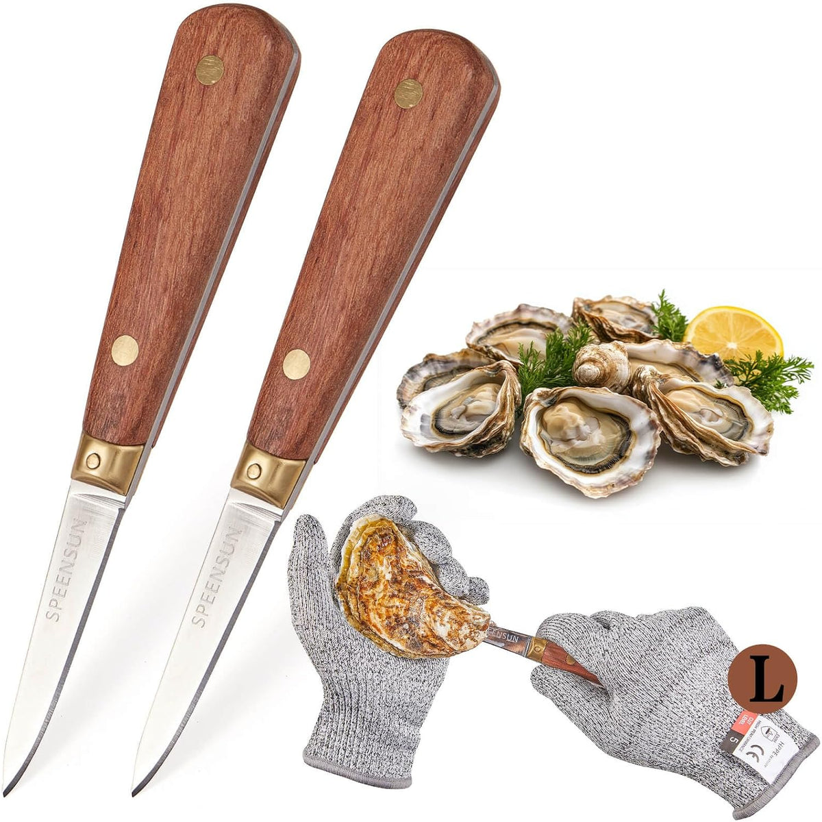 Oyster Shucking Knife Set, 2 Rosewood Knives & Gloves (M)
