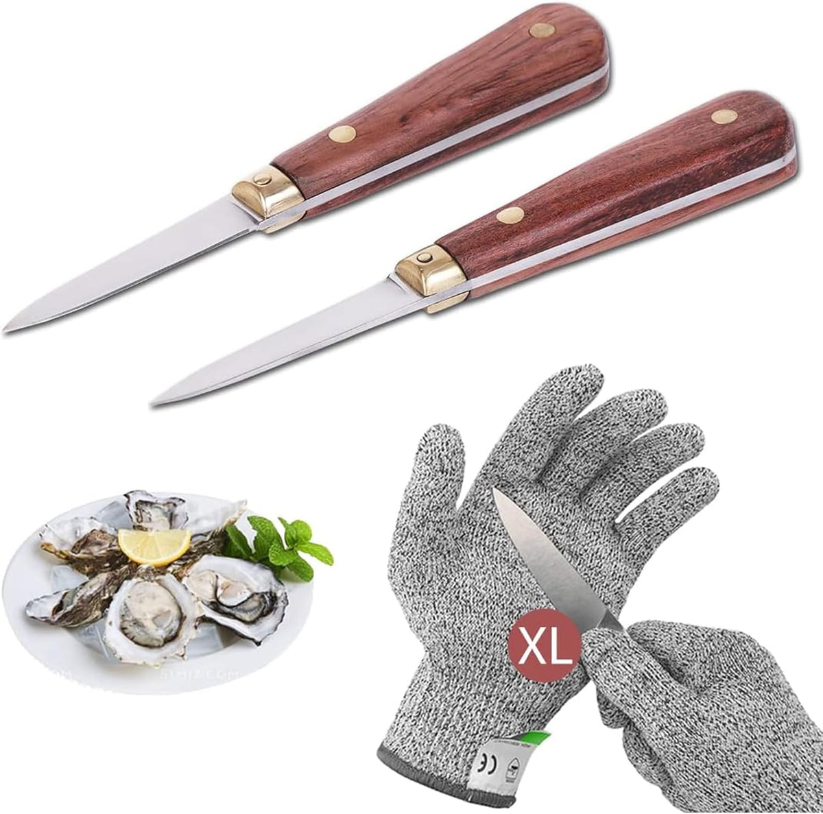 Oyster Shucking Knife Set, 2 Rosewood Knives & Gloves (M)