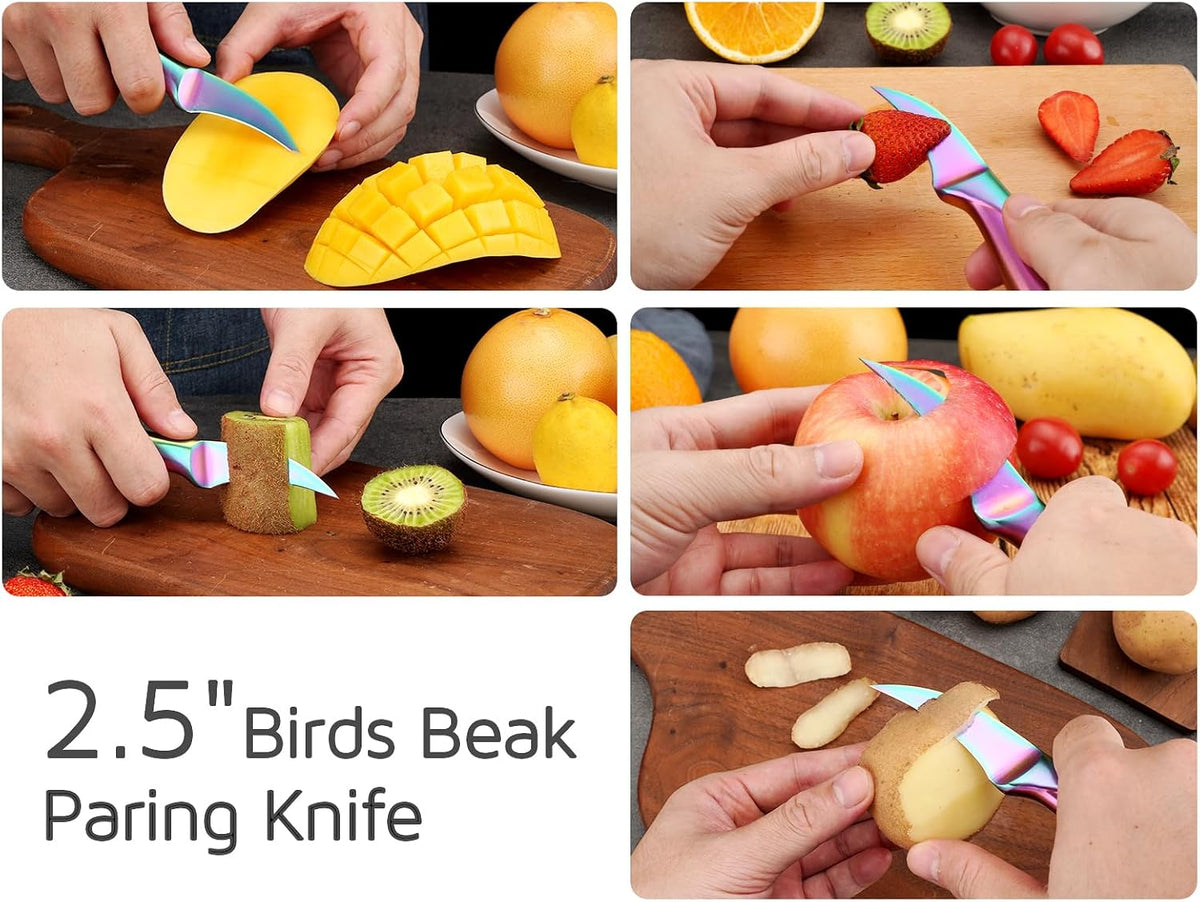 2.5 inch Birds Beak Paring Knife, Sharp High Carbon Stainless Steel Curved Blade For Fruit and Vegetable Peeling Garnishing Cutting – Rainbow