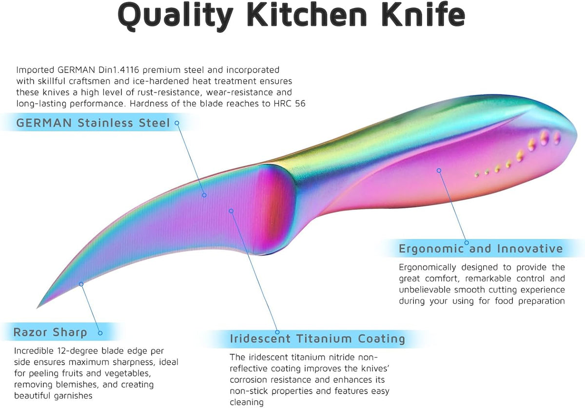 2.5 inch Birds Beak Paring Knife, Sharp High Carbon Stainless Steel Curved Blade For Fruit and Vegetable Peeling Garnishing Cutting – Rainbow