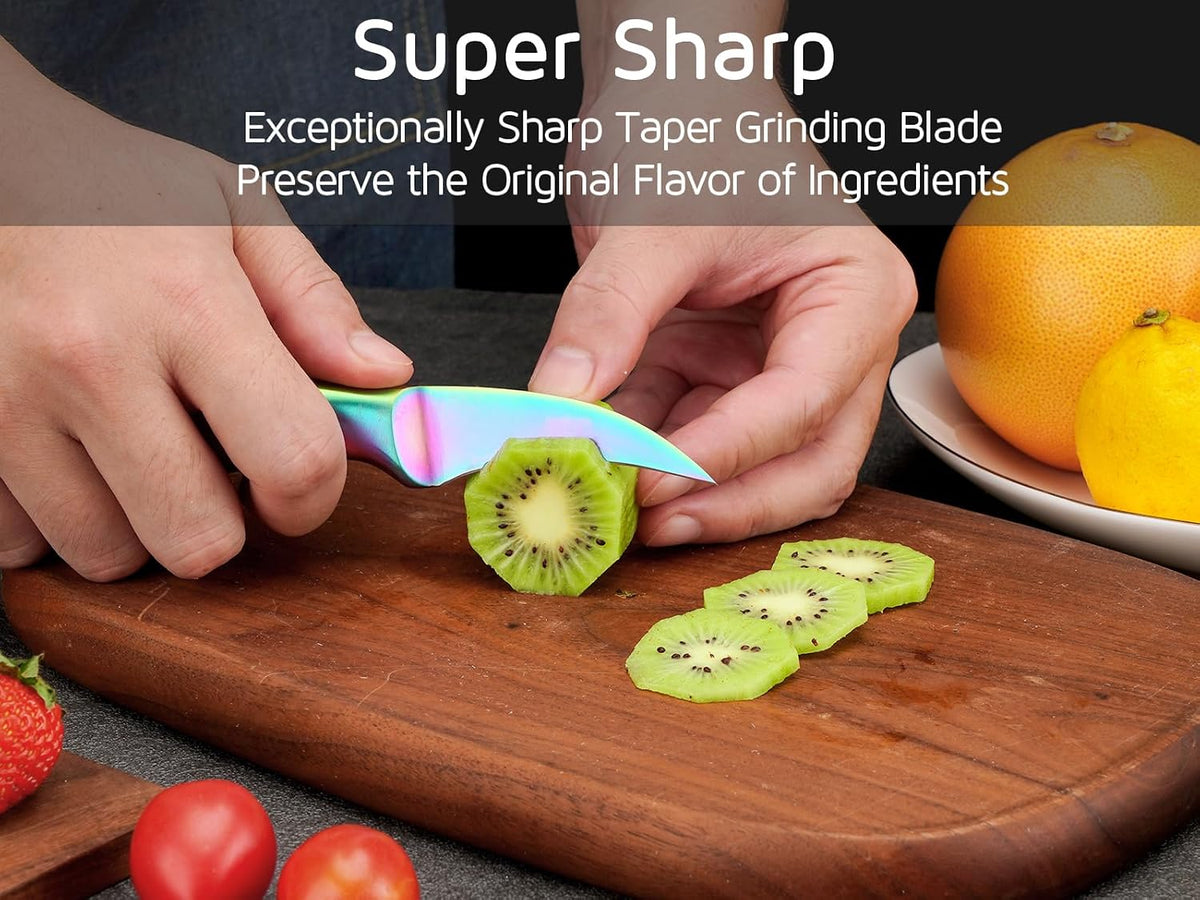 2.5 inch Birds Beak Paring Knife, Sharp High Carbon Stainless Steel Curved Blade For Fruit and Vegetable Peeling Garnishing Cutting – Rainbow