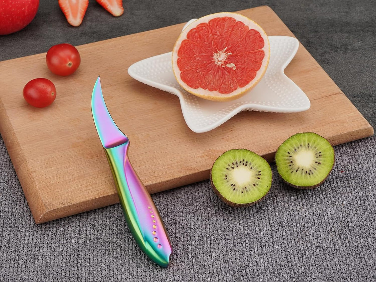 2.5 inch Birds Beak Paring Knife, Sharp High Carbon Stainless Steel Curved Blade For Fruit and Vegetable Peeling Garnishing Cutting – Rainbow