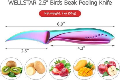 2.5 inch Birds Beak Paring Knife, Sharp High Carbon Stainless Steel Curved Blade For Fruit and Vegetable Peeling Garnishing Cutting – Rainbow