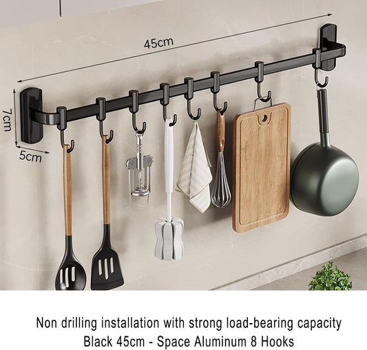 Rail Rack Organizer Self Adhesive Kitchen Utensil Rack Aluminum Wall Mounted Hanging Rail 8 Removable Hooks Pots Pans Spoons Knives,Black,45cm