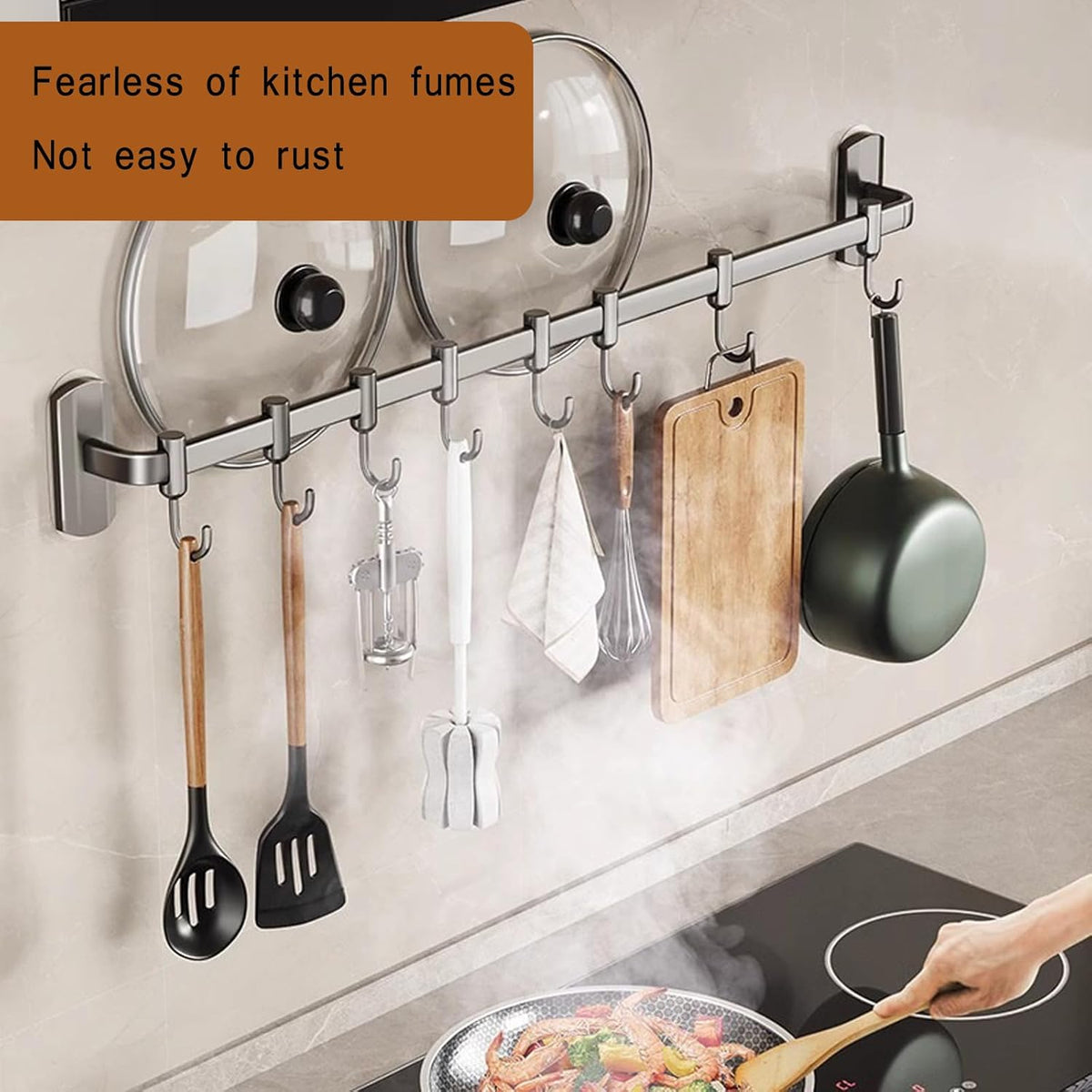Rail Rack Organizer Self Adhesive Kitchen Utensil Rack Aluminum Wall Mounted Hanging Rail 8 Removable Hooks Pots Pans Spoons Knives,Black,45cm