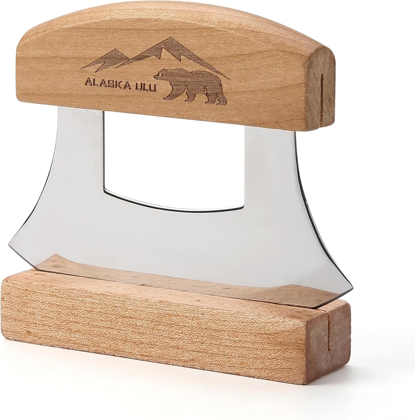 5inch Alaskan Mezzaluna Ulu Knife, Salad Veggies Rocker Chopper Slicer Cutter Hashing Chopping Mincing Cleaver with Wooden Stand Arthritic Tool | Chopping Mincing Knife with Wooden Stand Arthritic Cutting Tool 5x4in