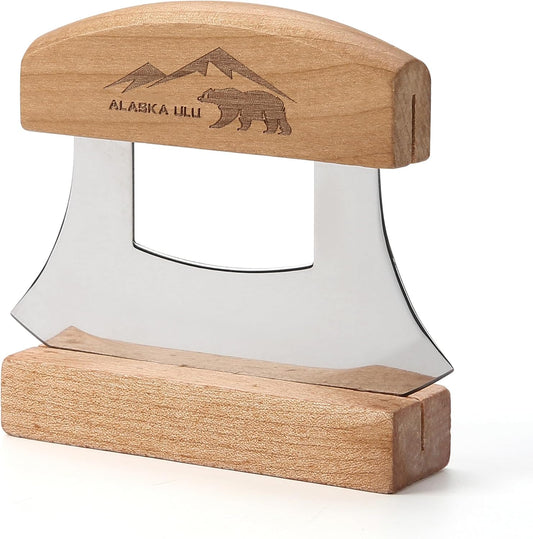 5inch Alaskan Mezzaluna Ulu Knife, Salad Veggies Rocker Chopper Slicer Cutter Hashing Chopping Mincing Cleaver with Wooden Stand Arthritic Tool | Chopping Mincing Knife with Wooden Stand Arthritic Cutting Tool 5x4in