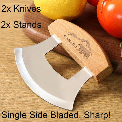 5inch Alaskan Mezzaluna Ulu Knife, Salad Veggies Rocker Chopper Slicer Cutter Hashing Chopping Mincing Cleaver with Wooden Stand Arthritic Tool | Chopping Mincing Knife with Wooden Stand Arthritic Cutting Tool 5x4in