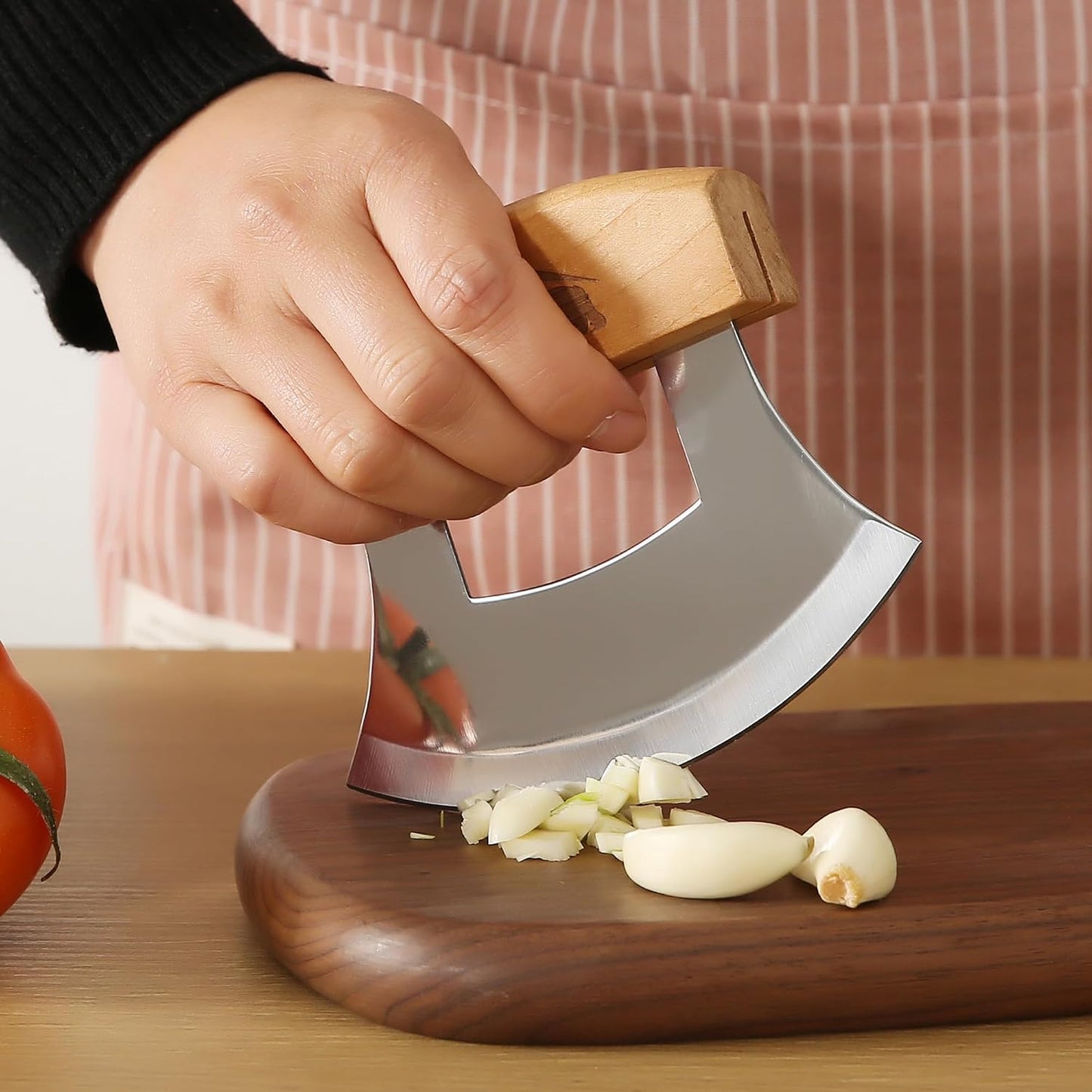 5inch Alaskan Mezzaluna Ulu Knife, Salad Veggies Rocker Chopper Slicer Cutter Hashing Chopping Mincing Cleaver with Wooden Stand Arthritic Tool | Chopping Mincing Knife with Wooden Stand Arthritic Cutting Tool 5x4in