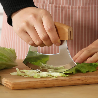 5inch Alaskan Mezzaluna Ulu Knife, Salad Veggies Rocker Chopper Slicer Cutter Hashing Chopping Mincing Cleaver with Wooden Stand Arthritic Tool | Chopping Mincing Knife with Wooden Stand Arthritic Cutting Tool 5x4in