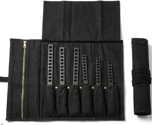 Black Waxed Canvas Knife Bag includes 6 plastic knife guards. Roll tie closure, Large Zippered Pouch Fits knives up to 2” wide & 15” long