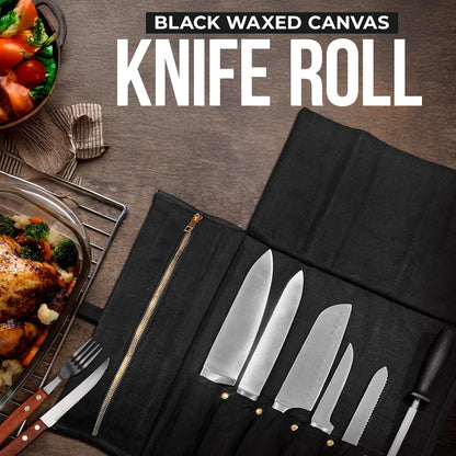 Black Waxed Canvas Knife Bag includes 6 plastic knife guards. Roll tie closure, Large Zippered Pouch Fits knives up to 2” wide & 15” long