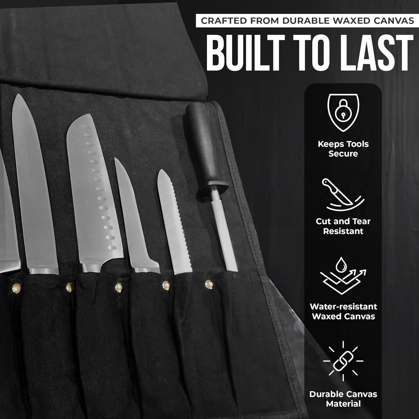 Black Waxed Canvas Knife Bag includes 6 plastic knife guards. Roll tie closure, Large Zippered Pouch Fits knives up to 2” wide & 15” long