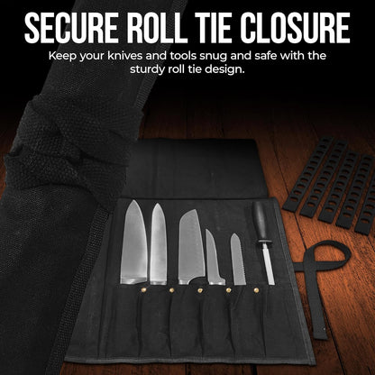 Black Waxed Canvas Knife Bag includes 6 plastic knife guards. Roll tie closure, Large Zippered Pouch Fits knives up to 2” wide & 15” long