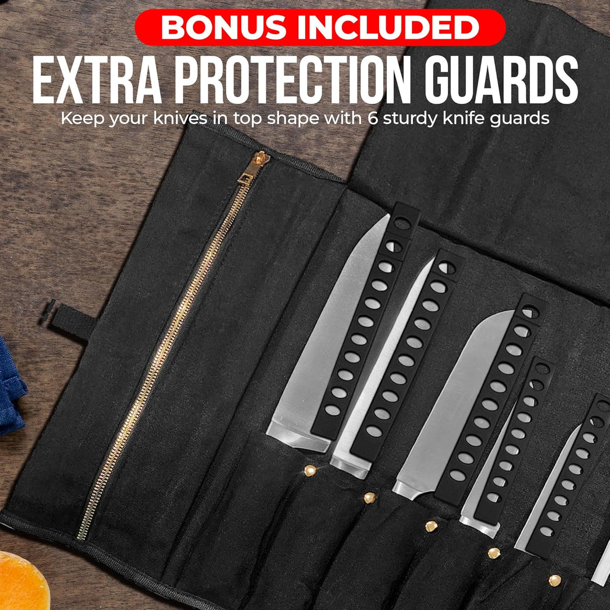 Black Waxed Canvas Knife Bag includes 6 plastic knife guards. Roll tie closure, Large Zippered Pouch Fits knives up to 2” wide & 15” long