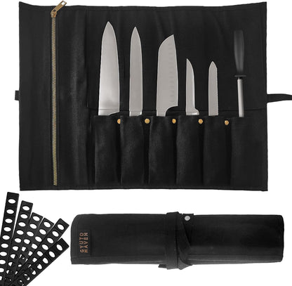Black Waxed Canvas Knife Bag includes 6 plastic knife guards. Roll tie closure, Large Zippered Pouch Fits knives up to 2” wide & 15” long