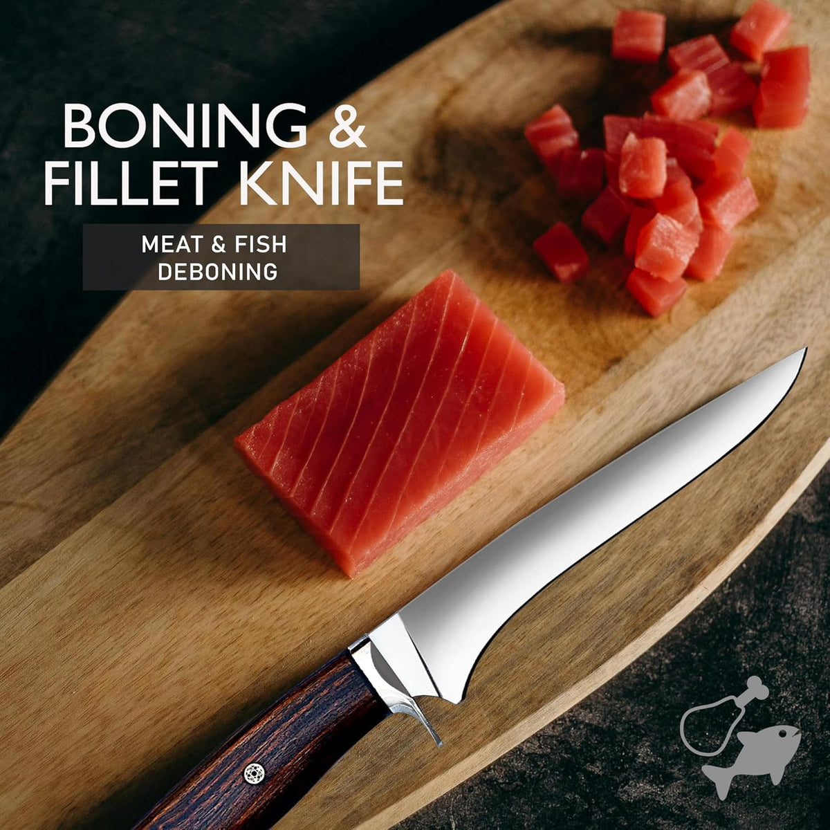 WARIVO 12.5-Inch Fillet Knife with Sheath, High Carbon Steel Sharp Boning Knife for Fish, Ergonomic Rosewood Handle, Deboning Knife for Meat Cutting, Trimming, Filleting, Kitchen and Outdoor