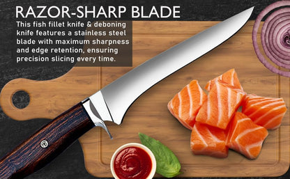 WARIVO 12.5-Inch Fillet Knife with Sheath, High Carbon Steel Sharp Boning Knife for Fish, Ergonomic Rosewood Handle, Deboning Knife for Meat Cutting, Trimming, Filleting, Kitchen and Outdoor