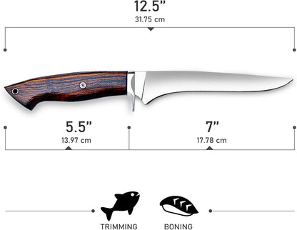 WARIVO 12.5-Inch Fillet Knife with Sheath, High Carbon Steel Sharp Boning Knife for Fish, Ergonomic Rosewood Handle, Deboning Knife for Meat Cutting, Trimming, Filleting, Kitchen and Outdoor