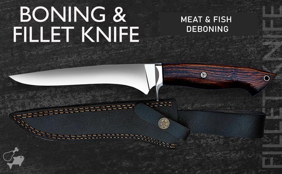 WARIVO 12.5-Inch Fillet Knife with Sheath, High Carbon Steel Sharp Boning Knife for Fish, Ergonomic Rosewood Handle, Deboning Knife for Meat Cutting, Trimming, Filleting, Kitchen and Outdoor
