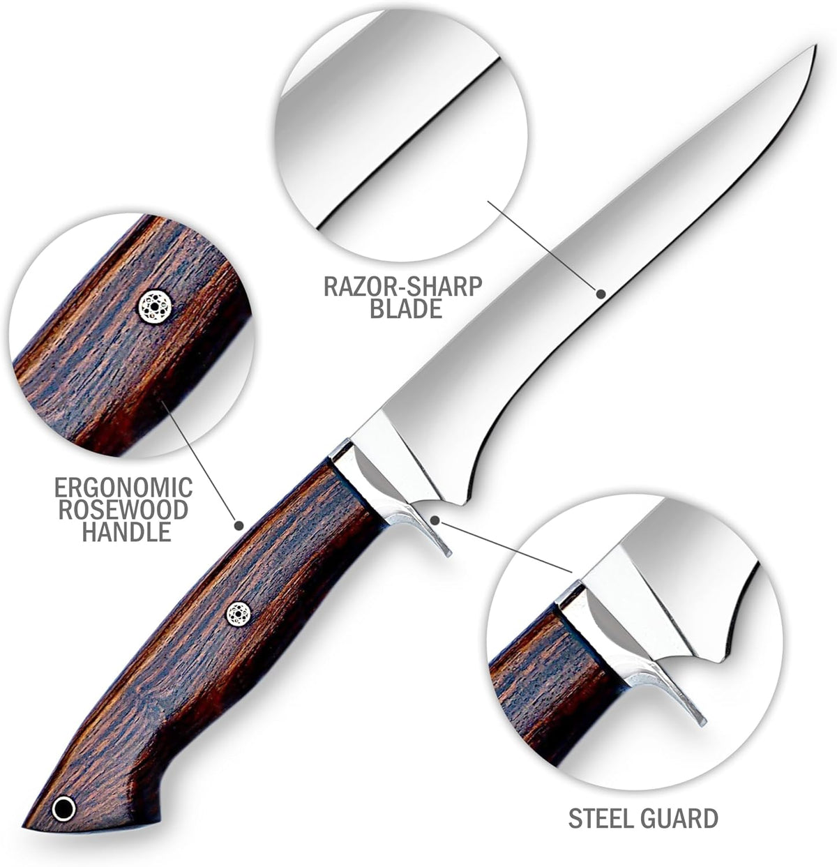 WARIVO 12.5-Inch Fillet Knife with Sheath, High Carbon Steel Sharp Boning Knife for Fish, Ergonomic Rosewood Handle, Deboning Knife for Meat Cutting, Trimming, Filleting, Kitchen and Outdoor