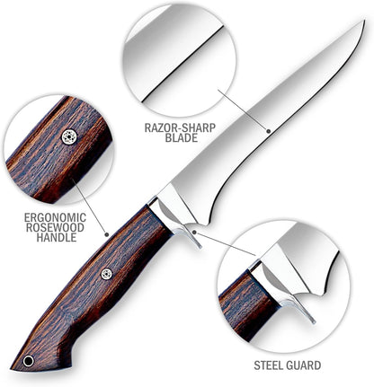 WARIVO 12.5-Inch Fillet Knife with Sheath, High Carbon Steel Sharp Boning Knife for Fish, Ergonomic Rosewood Handle, Deboning Knife for Meat Cutting, Trimming, Filleting, Kitchen and Outdoor