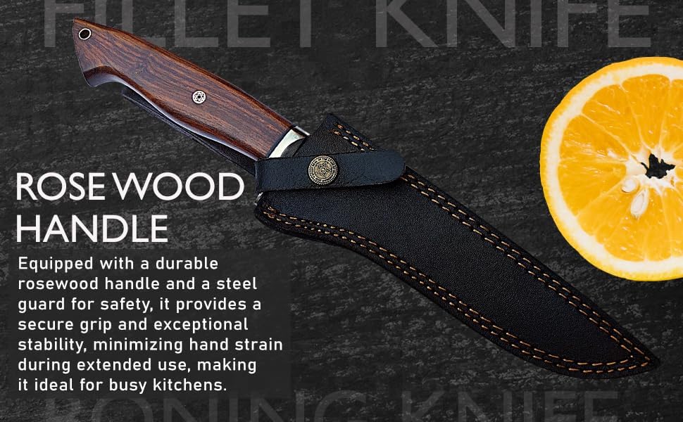 WARIVO 12.5-Inch Fillet Knife with Sheath, High Carbon Steel Sharp Boning Knife for Fish, Ergonomic Rosewood Handle, Deboning Knife for Meat Cutting, Trimming, Filleting, Kitchen and Outdoor