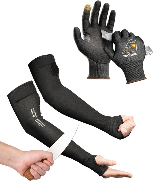 Metal Q Cut Resistant Set, ANSI A4 Cut Resistant Work Gloves with Grip and Ultra Thin & Cut Resistant Sleeves for Thin Skin, Gardening, Pet Grooming